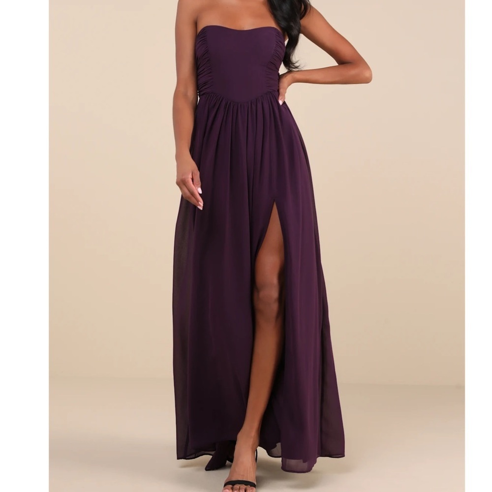 Lulu's Strapless Plum Maxi Dress with Front Slit